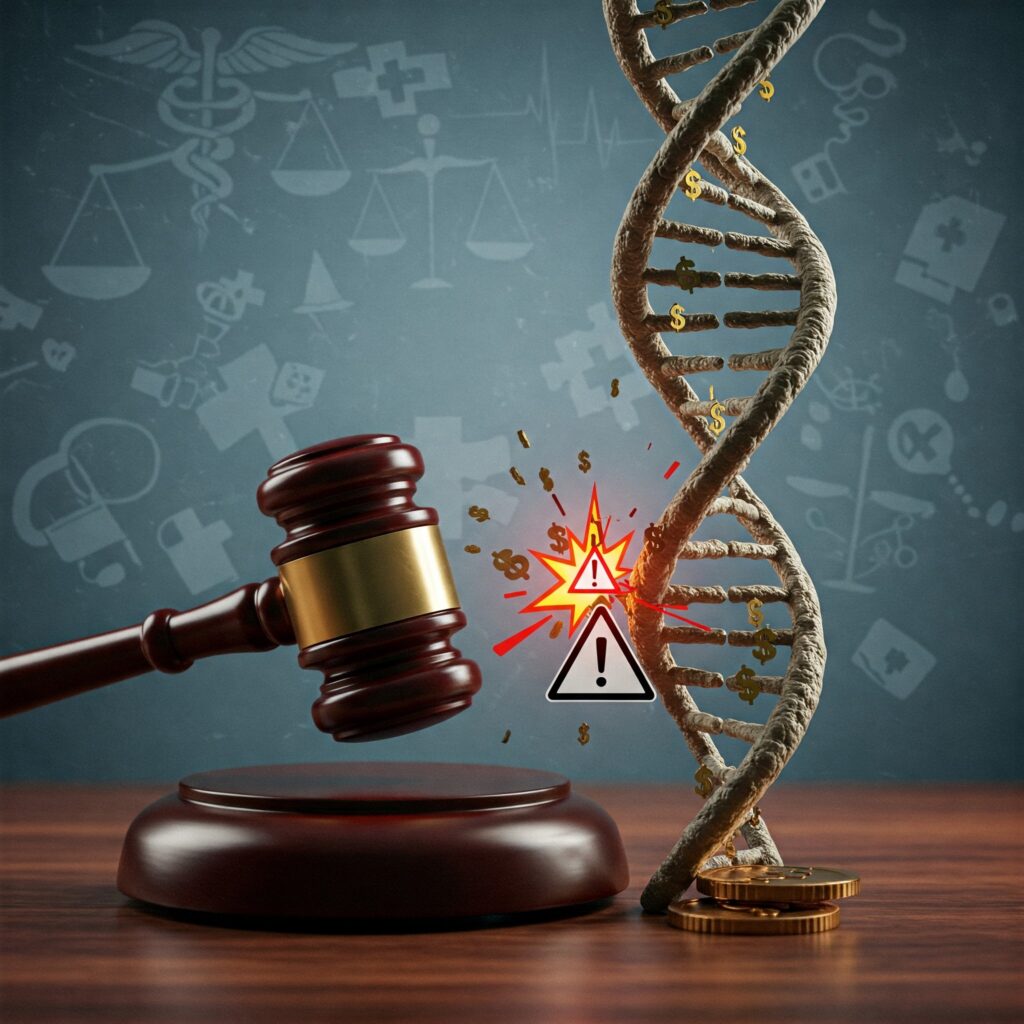 Image depicting a gavel striking near a DNA helix intertwined with dollar signs, symbolizing the $6 million Genexe settlement for Medicare fraud involving medically unnecessary genetic testing and kickbacks under the False Claims Act.