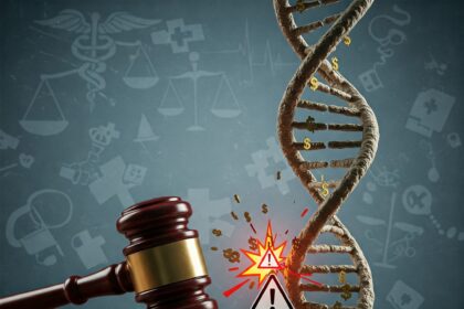 Image depicting a gavel striking near a DNA helix intertwined with dollar signs, symbolizing the $6 million Genexe settlement for Medicare fraud involving medically unnecessary genetic testing and kickbacks under the False Claims Act.