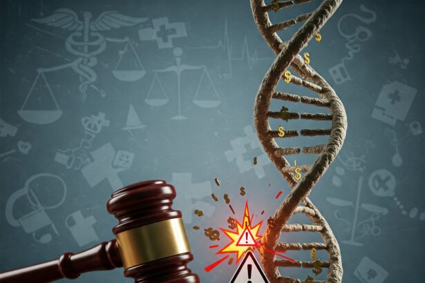 Image depicting a gavel striking near a DNA helix intertwined with dollar signs, symbolizing the $6 million Genexe settlement for Medicare fraud involving medically unnecessary genetic testing and kickbacks under the False Claims Act.