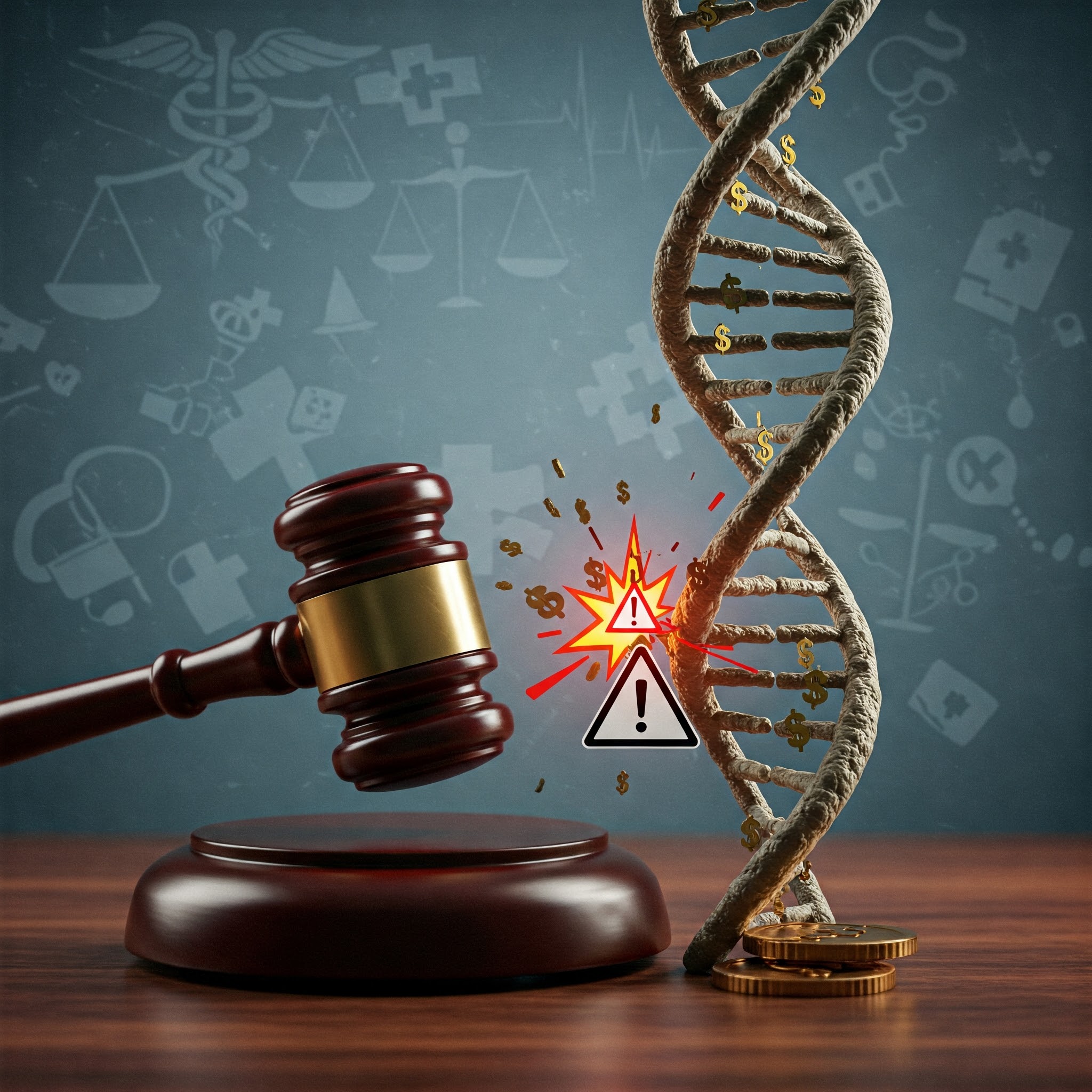 Image depicting a gavel striking near a DNA helix intertwined with dollar signs, symbolizing the $6 million Genexe settlement for Medicare fraud involving medically unnecessary genetic testing and kickbacks under the False Claims Act.