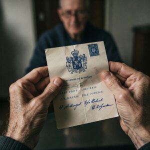 Elderly hands holding a deceptive inheritance scam letter with a shadowy figure lurking, symbolizing the risk of elder financial exploitation.