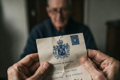 Elderly hands holding a deceptive inheritance scam letter with a shadowy figure lurking, symbolizing the risk of elder financial exploitation.