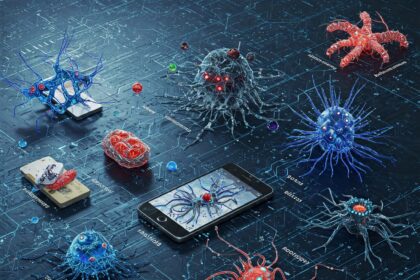 Illustration of a blue digital shield deflecting various malware icons (ransomware padlock, spyware eye, virus bug) targeting a computer, symbolizing cybersecurity and malware prevention strategies discussed by Fraudswatch
