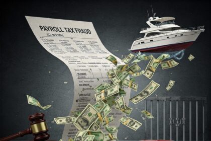 Illustration depicting the Matthew Brown Elite Payroll tax fraud scheme, where over $20 million in withheld taxes were diverted to purchase luxury items like Ferraris and a yacht , leading to a federal prison sentence.