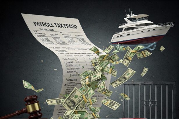 Illustration depicting the Matthew Brown Elite Payroll tax fraud scheme, where over $20 million in withheld taxes were diverted to purchase luxury items like Ferraris and a yacht , leading to a federal prison sentence.