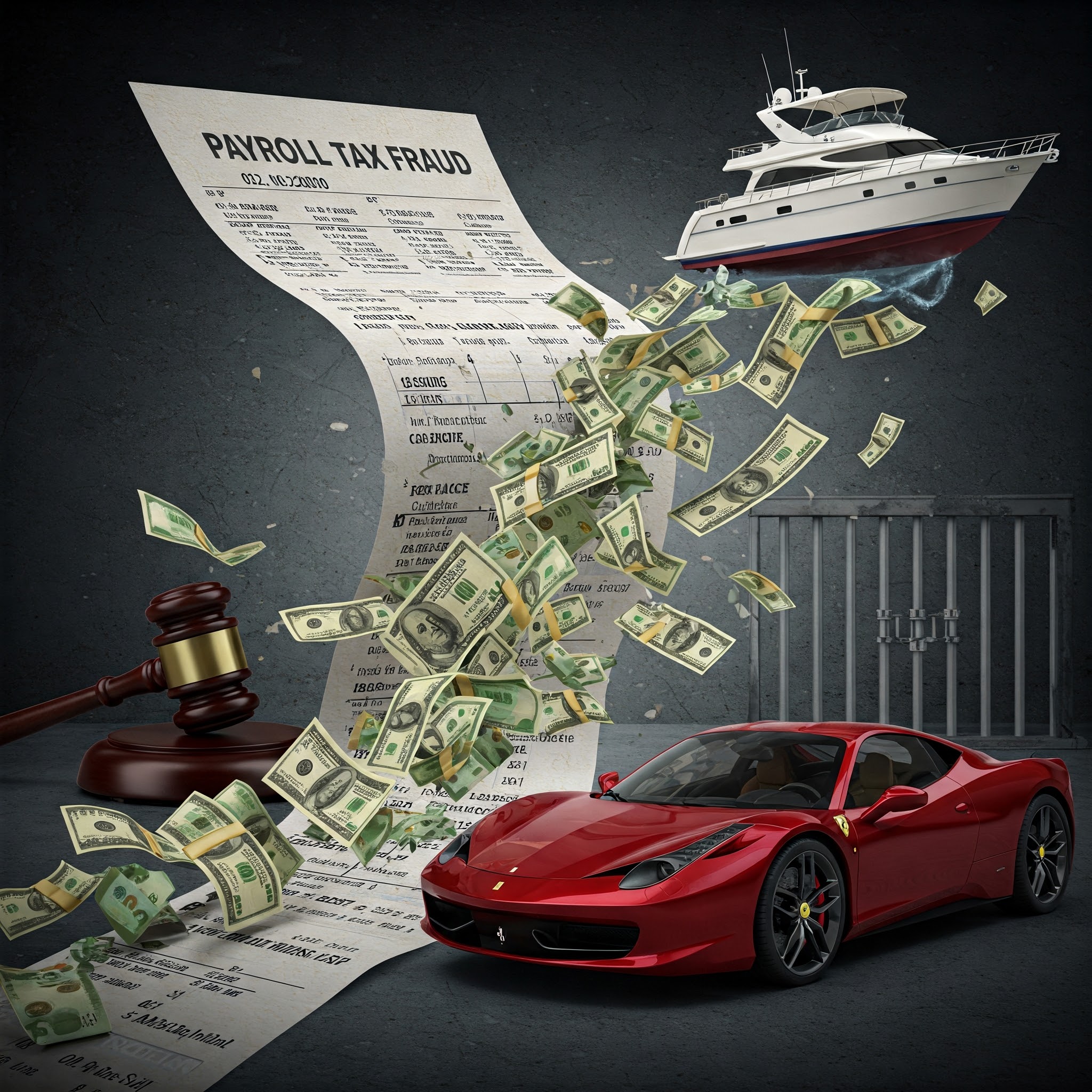 Illustration depicting the Matthew Brown Elite Payroll tax fraud scheme, where over $20 million in withheld taxes were diverted to purchase luxury items like Ferraris and a yacht , leading to a federal prison sentence.