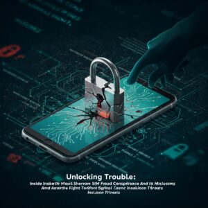 Conceptual illustration of SIM unlocking fraud depicting a cracked padlock on a smartphone screen being manipulated from within, symbolizing insider threats in telecommunications cybersecurity.