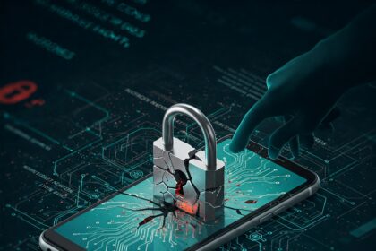 Conceptual illustration of SIM unlocking fraud depicting a cracked padlock on a smartphone screen being manipulated from within, symbolizing insider threats in telecommunications cybersecurity.