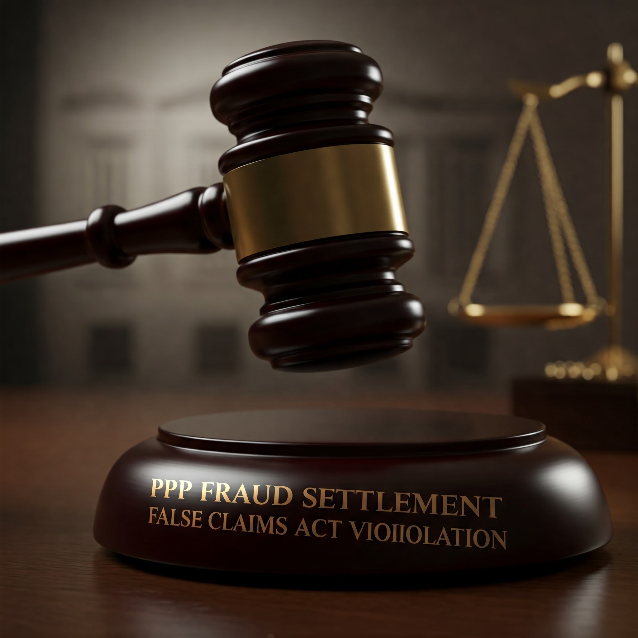 Gavel hitting a block labeled 'PPP Fraud Settlement,' illustrating the False Claims Act resolution involving Slifco Electric and COVID-19 relief funds.