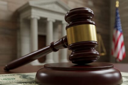 Gavel rests on US currency symbolizing guilty plea in Thomas G. Ehr defense contractor tax fraud conspiracy case.