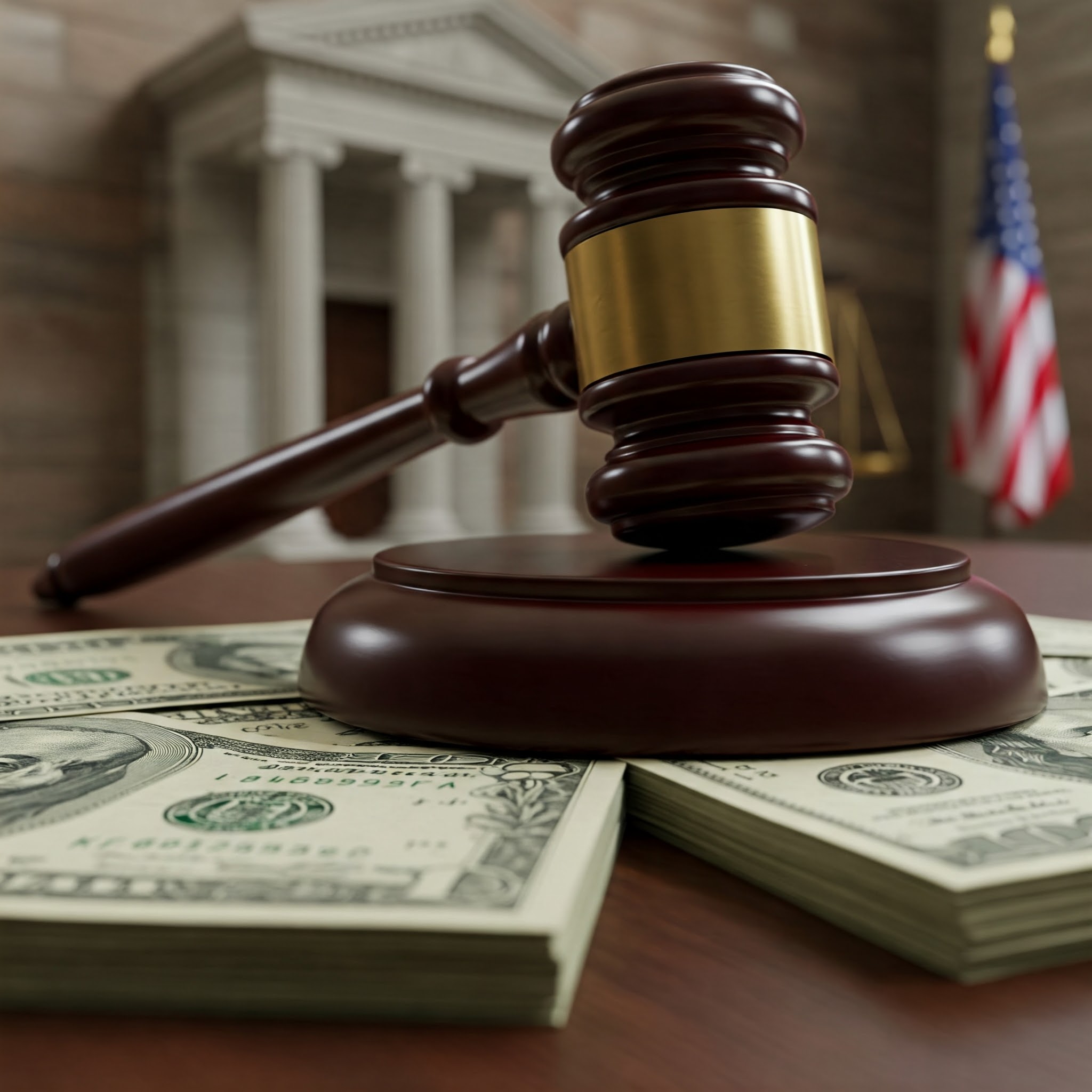 Gavel rests on US currency symbolizing guilty plea in Thomas G. Ehr defense contractor tax fraud conspiracy case.