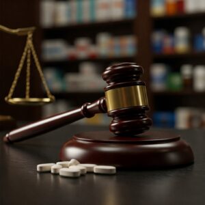 Judge's gavel beside opioid pills symbolizing the Walgreens $350 million settlement with the DOJ over illegal opioid prescriptions, Controlled Substances Act violations, and False Claims Act allegations amid the opioid crisis.