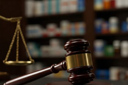 Judge's gavel beside opioid pills symbolizing the Walgreens $350 million settlement with the DOJ over illegal opioid prescriptions, Controlled Substances Act violations, and False Claims Act allegations amid the opioid crisis.