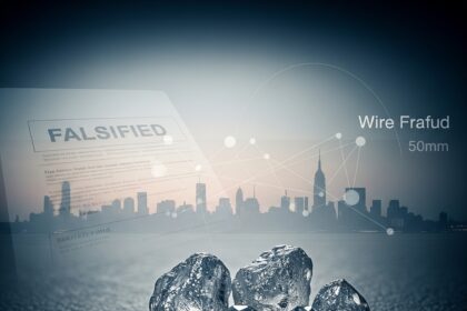 Illustrative image of uncut diamonds with background elements symbolizing wire fraud and legal documents, representing the Edward Carlos St. Mary III diamond fraud case.