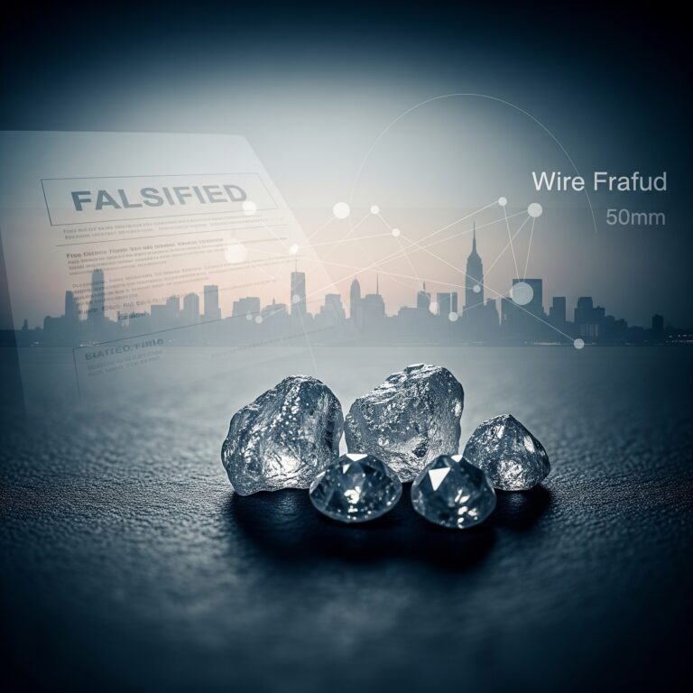 Illustrative image of uncut diamonds with background elements symbolizing wire fraud and legal documents, representing the Edward Carlos St. Mary III diamond fraud case.
