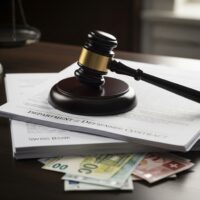 Gavel on financial documents with foreign currency, symbolizing former defense contractor Douglas Edelman's guilty plea to multi-million dollar tax evasion scheme involving $7B DoD contracts.