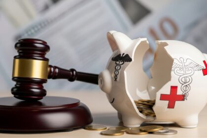 Symbolic image of justice for Medicare fraud: a gavel beside a broken piggy bank with medical symbols, representing the NOVA DME healthcare fraud scheme and sentencing.