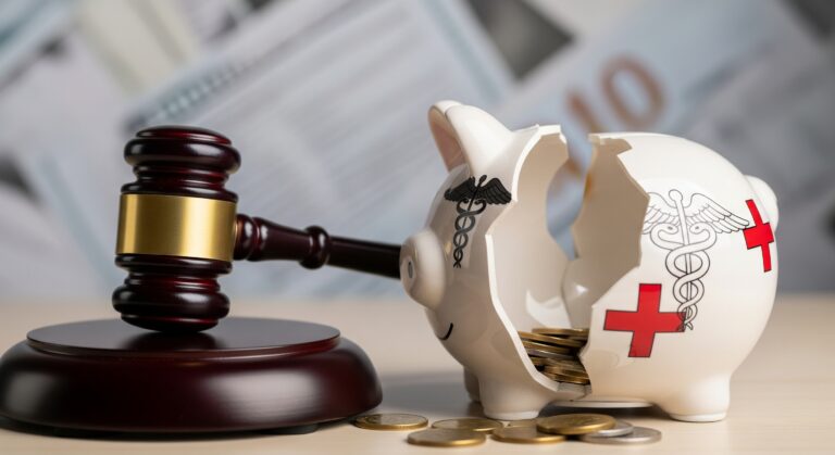 Symbolic image of justice for Medicare fraud: a gavel beside a broken piggy bank with medical symbols, representing the NOVA DME healthcare fraud scheme and sentencing.