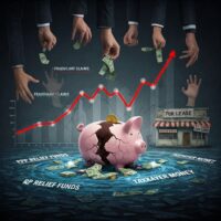 Illustration depicting fraudulent Paycheck Protection Program applications with shadowy figures stealing money, symbolizing the widespread PPP loan fraud and misuse of CARES Act funds intended for small business relief.