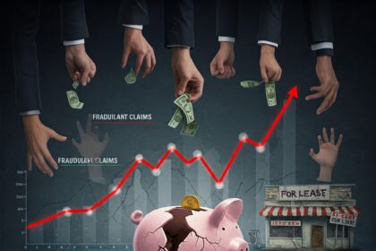 Illustration depicting fraudulent Paycheck Protection Program applications with shadowy figures stealing money, symbolizing the widespread PPP loan fraud and misuse of CARES Act funds intended for small business relief.