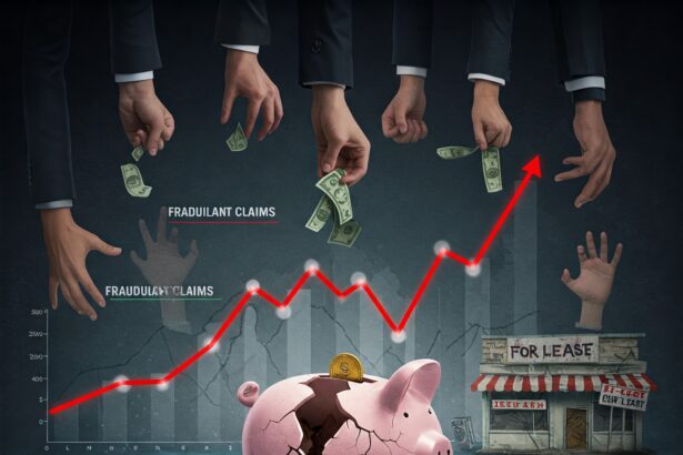 Illustration depicting fraudulent Paycheck Protection Program applications with shadowy figures stealing money, symbolizing the widespread PPP loan fraud and misuse of CARES Act funds intended for small business relief.