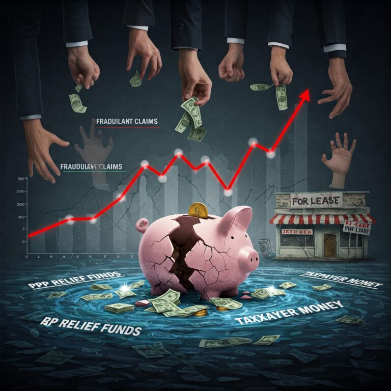 Illustration depicting fraudulent Paycheck Protection Program applications with shadowy figures stealing money, symbolizing the widespread PPP loan fraud and misuse of CARES Act funds intended for small business relief.