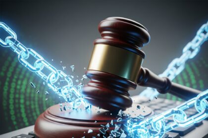 Justice in cybercrime: Gavel on shattered keyboard with broken digital chains, symbolizing conviction in Robbinhood ransomware case.