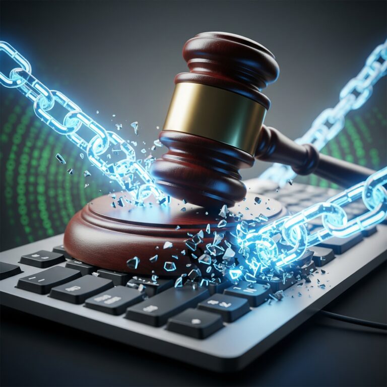 Justice in cybercrime: Gavel on shattered keyboard with broken digital chains, symbolizing conviction in Robbinhood ransomware case.