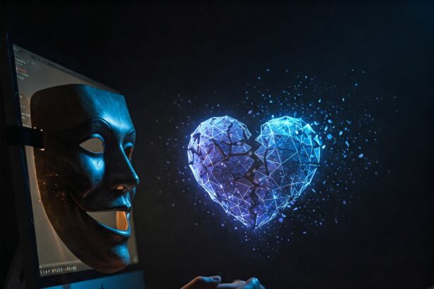Shattered digital heart symbolizing emotional and financial devastation from online romance scam.