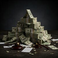 Illustration showing an unstable pyramid of cash, symbolizing the William Lamar Rhew III Ponzi scheme collapse.