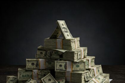 Illustration showing an unstable pyramid of cash, symbolizing the William Lamar Rhew III Ponzi scheme collapse.