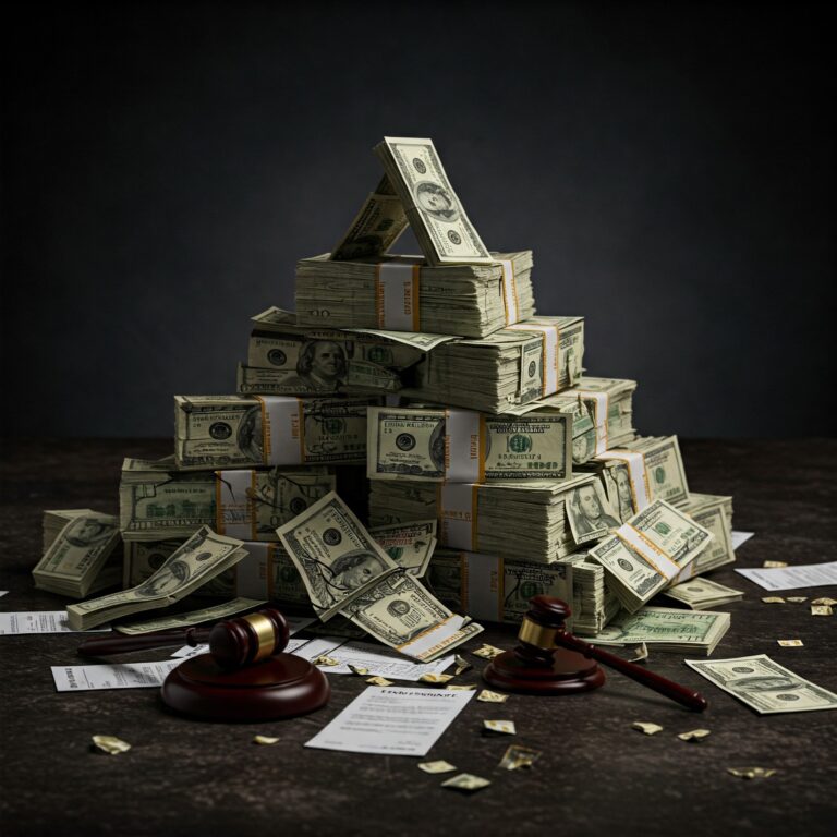 Illustration showing an unstable pyramid of cash, symbolizing the William Lamar Rhew III Ponzi scheme collapse.