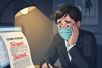 An illustration depicting the illegal act of forging documents to commit COVID-19 relief fund fraud. The image shows a person at a desk with falsified papers, symbolizing the widespread theft from programs like the PPP.