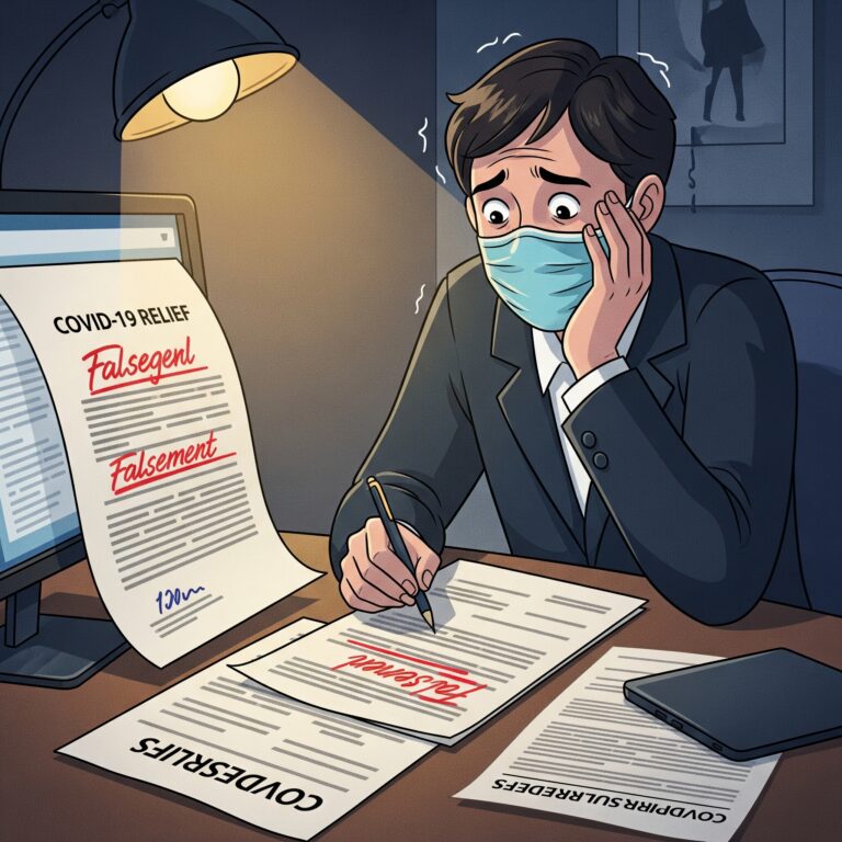 An illustration depicting the illegal act of forging documents to commit COVID-19 relief fund fraud. The image shows a person at a desk with falsified papers, symbolizing the widespread theft from programs like the PPP.