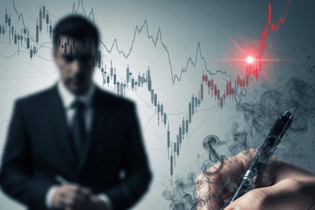 A metaphorical image depicting financial fraud. In the foreground, a hand signs a contract, but the signature dissolves into smoke, representing a fraudulent agreement. In the background, a shadowy, out-of-focus figure of a man in a suit symbolizes the anonymous fraudster. The backdrop features distorted and declining financial charts, illustrating the devastating losses from investment scams. The overall tone is serious and cautionary, with a muted color palette of grays and blues, highlighted with a touch of red to signify danger.