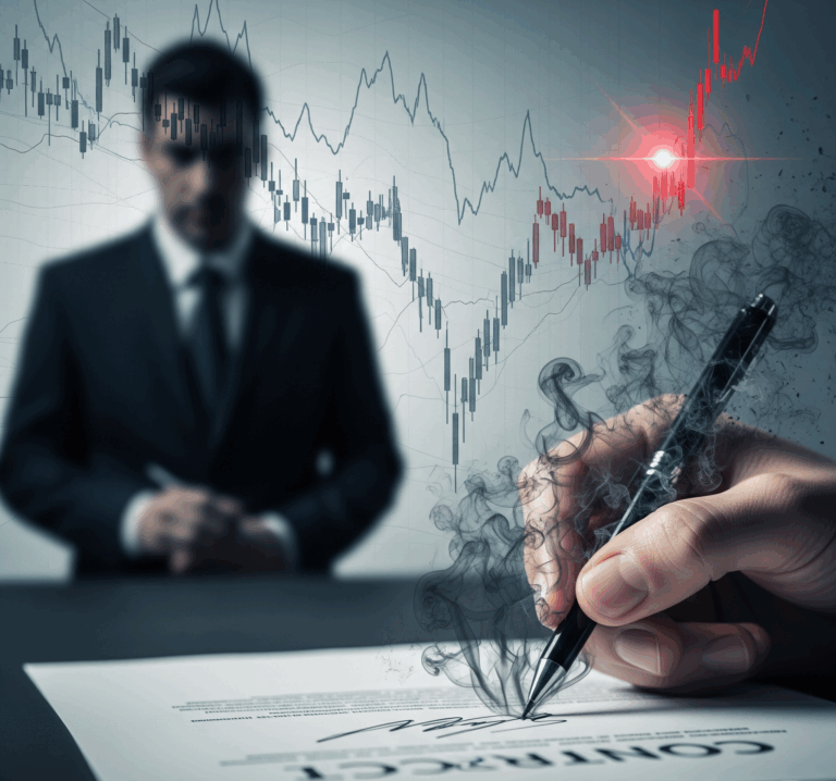A metaphorical image depicting financial fraud. In the foreground, a hand signs a contract, but the signature dissolves into smoke, representing a fraudulent agreement. In the background, a shadowy, out-of-focus figure of a man in a suit symbolizes the anonymous fraudster. The backdrop features distorted and declining financial charts, illustrating the devastating losses from investment scams. The overall tone is serious and cautionary, with a muted color palette of grays and blues, highlighted with a touch of red to signify danger.