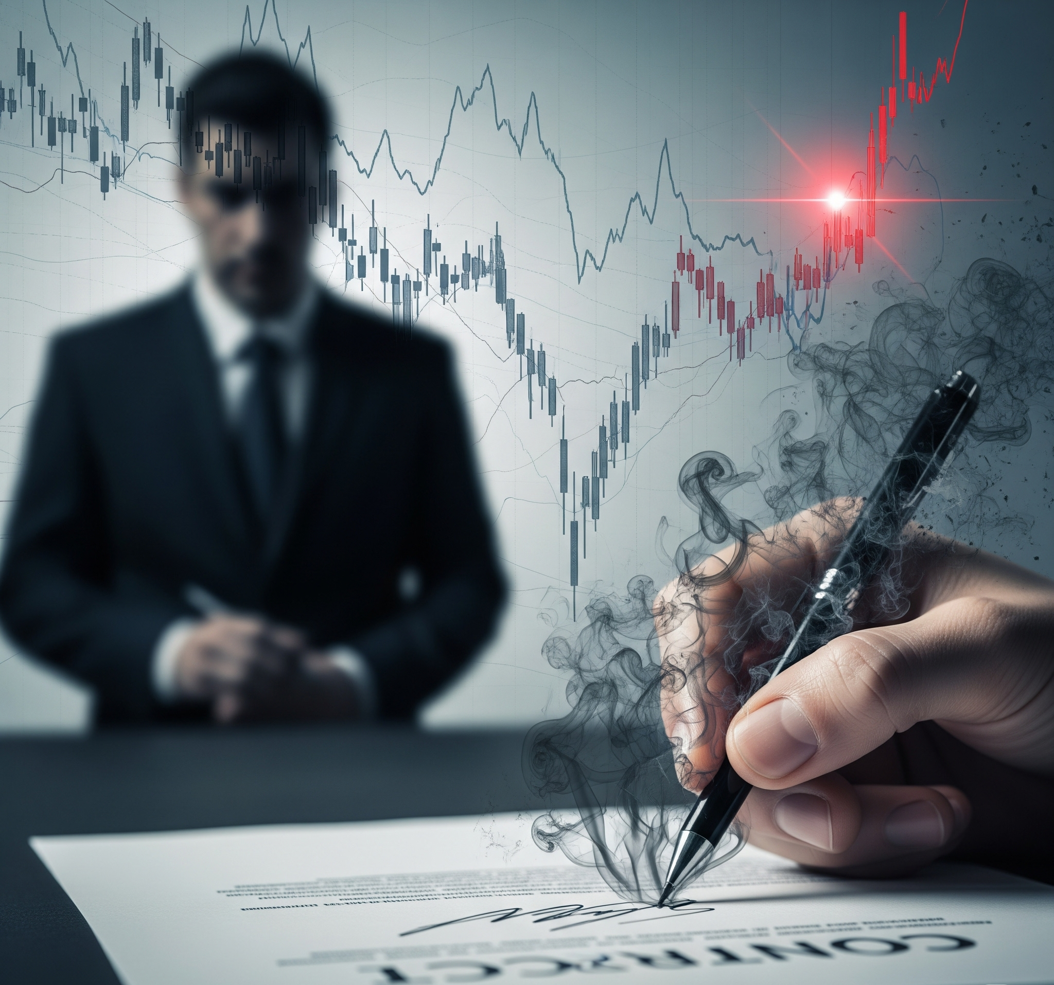 A metaphorical image depicting financial fraud. In the foreground, a hand signs a contract, but the signature dissolves into smoke, representing a fraudulent agreement. In the background, a shadowy, out-of-focus figure of a man in a suit symbolizes the anonymous fraudster. The backdrop features distorted and declining financial charts, illustrating the devastating losses from investment scams. The overall tone is serious and cautionary, with a muted color palette of grays and blues, highlighted with a touch of red to signify danger.