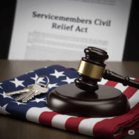 A judge's gavel and house keys rest on a folded American flag, symbolizing the Greystar settlement and the legal rights of servicemembers under the SCRA.