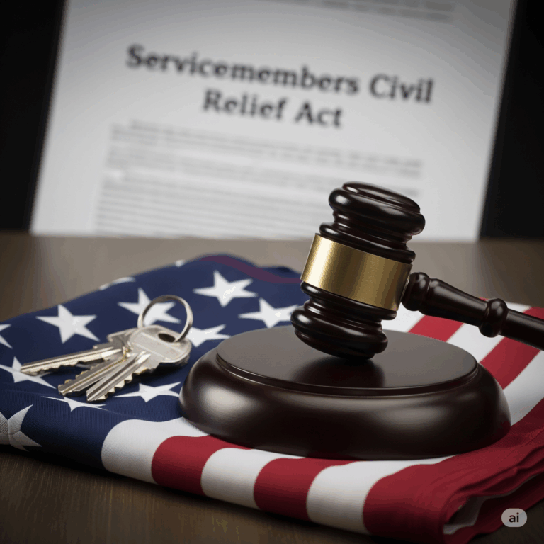 A judge's gavel and house keys rest on a folded American flag, symbolizing the Greystar settlement and the legal rights of servicemembers under the SCRA.