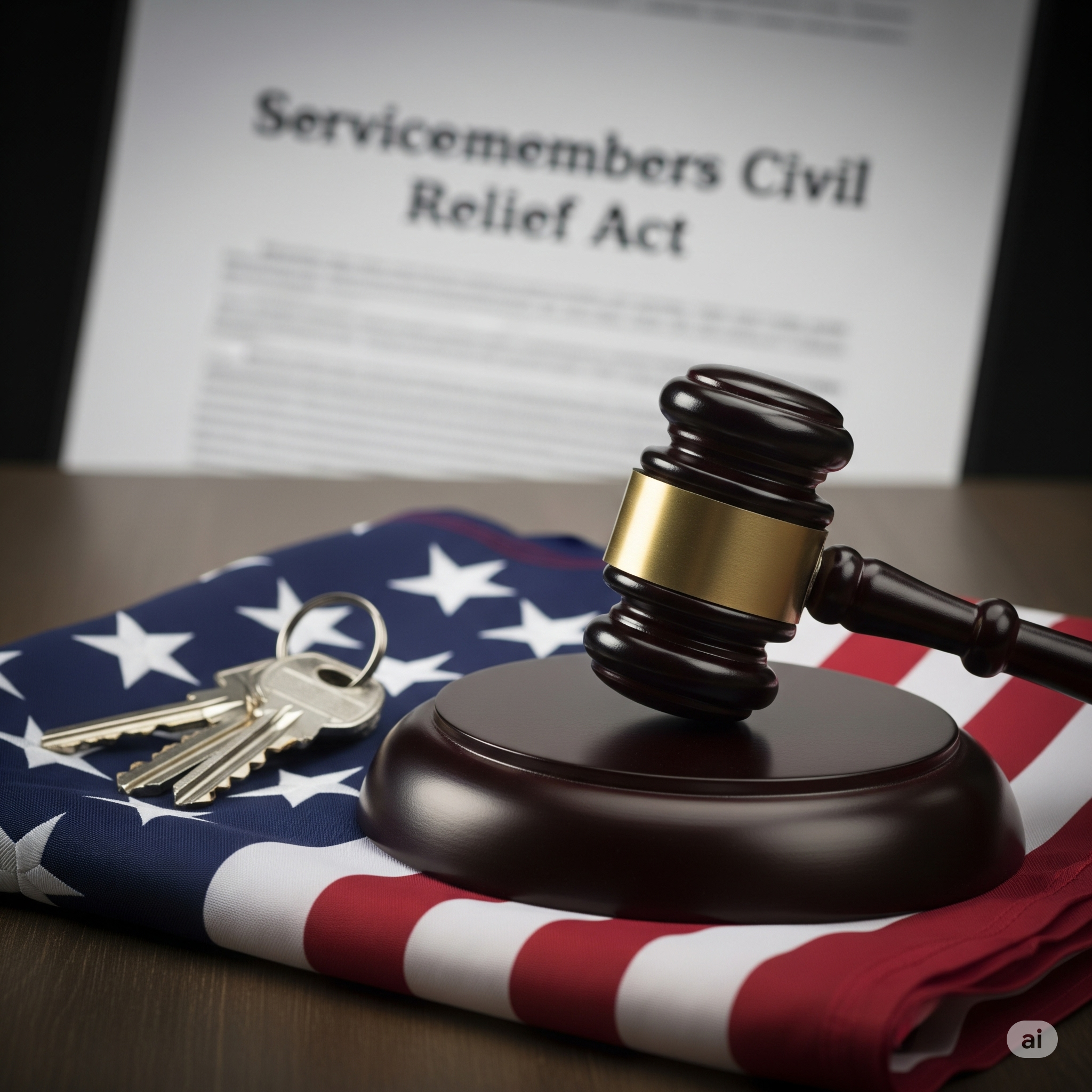 greystar-scra-settlement-military-housing-rights A judge's gavel and house keys rest on a folded American flag, symbolizing the Greystar settlement and the legal rights of servicemembers under the SCRA.