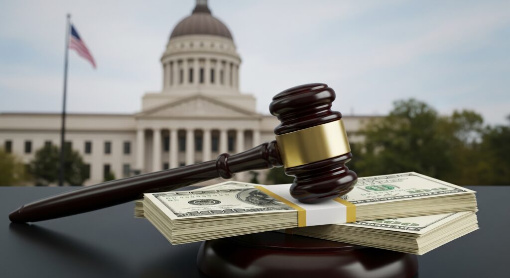 Symbolic image of a gavel and money representing the federal embezzlement case in Las Vegas involving former Silver State Health Services CEO David Ryan Linden and Rich Kiran Saga.