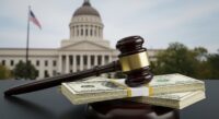 Symbolic image of a gavel and money representing the federal embezzlement case in Las Vegas involving former Silver State Health Services CEO David Ryan Linden and Rich Kiran Saga.
