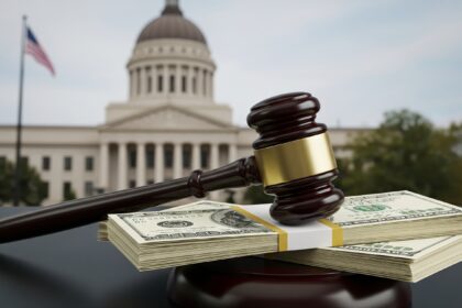 Symbolic image of a gavel and money representing the federal embezzlement case in Las Vegas involving former Silver State Health Services CEO David Ryan Linden and Rich Kiran Saga.