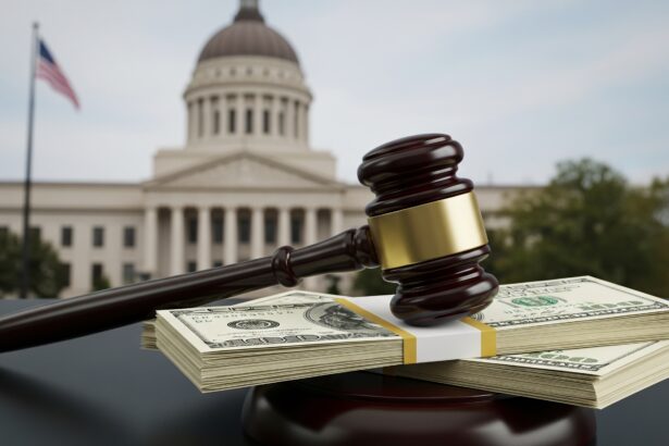 Symbolic image of a gavel and money representing the federal embezzlement case in Las Vegas involving former Silver State Health Services CEO David Ryan Linden and Rich Kiran Saga.