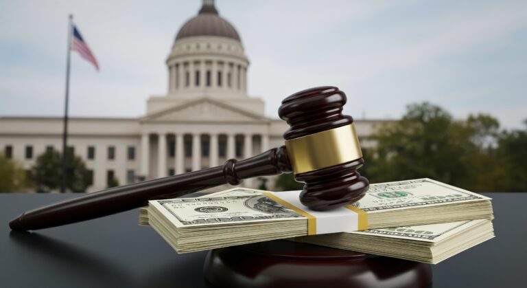 Symbolic image of a gavel and money representing the federal embezzlement case in Las Vegas involving former Silver State Health Services CEO David Ryan Linden and Rich Kiran Saga.