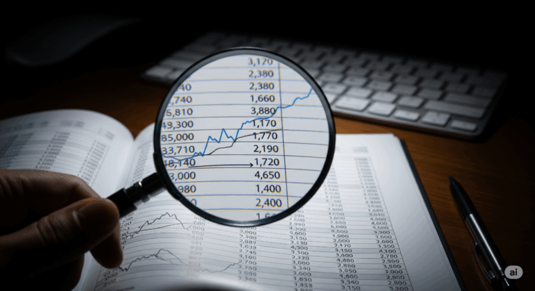A magnifying glass focusing on a financial ledger, illustrating the importance of internal controls and vigilant oversight for preventing employee wire fraud in small businesses.