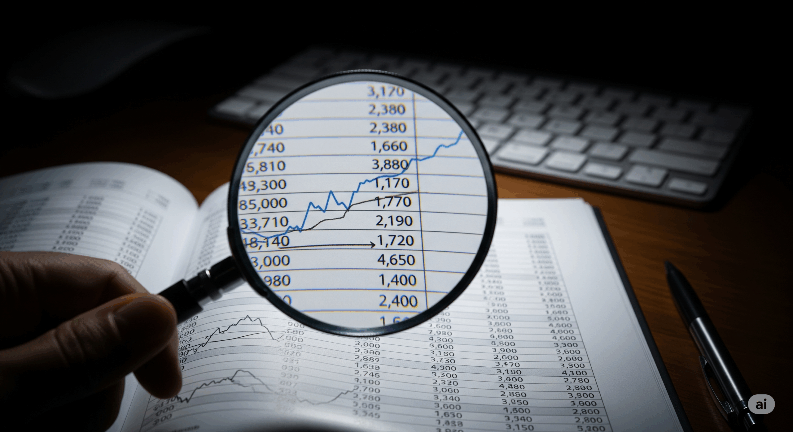 A magnifying glass focusing on a financial ledger, illustrating the importance of internal controls and vigilant oversight for preventing employee wire fraud in small businesses.