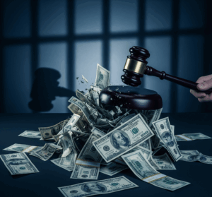 A judge's gavel smashing a stack of money, with the shadow of prison bars falling over it, symbolizing the legal consequences of syndicated conservation easement tax fraud.