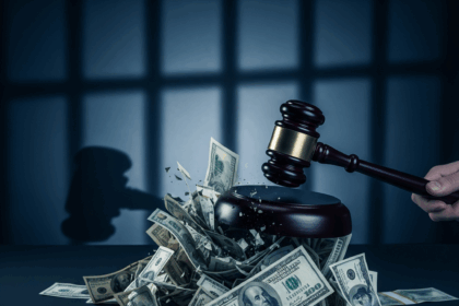 A judge's gavel smashing a stack of money, with the shadow of prison bars falling over it, symbolizing the legal consequences of syndicated conservation easement tax fraud.