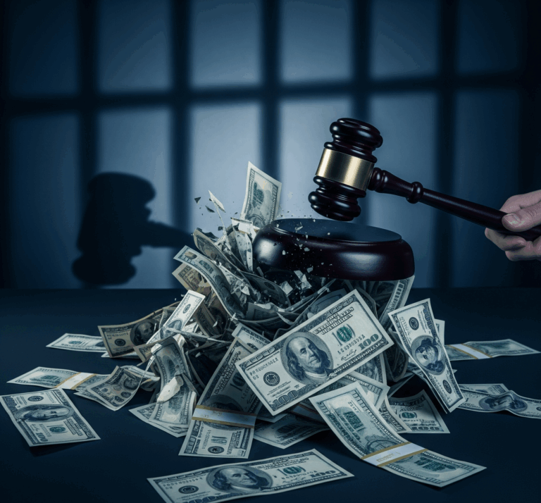 A judge's gavel smashing a stack of money, with the shadow of prison bars falling over it, symbolizing the legal consequences of syndicated conservation easement tax fraud.